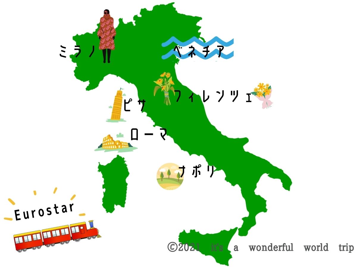 ユーロスターで周るイタリア周遊旅行マップ
